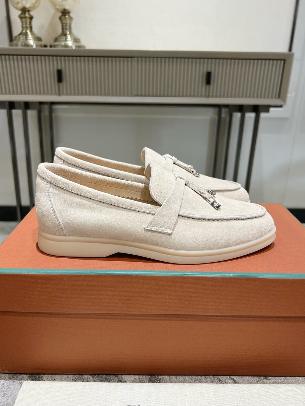 Loro Piana Women's Cream Suede Tassel Penny Loafers - Picture 4 of 5
